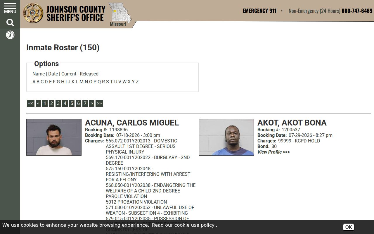 Johnson County criminal booking record list and alphabetical roster controls