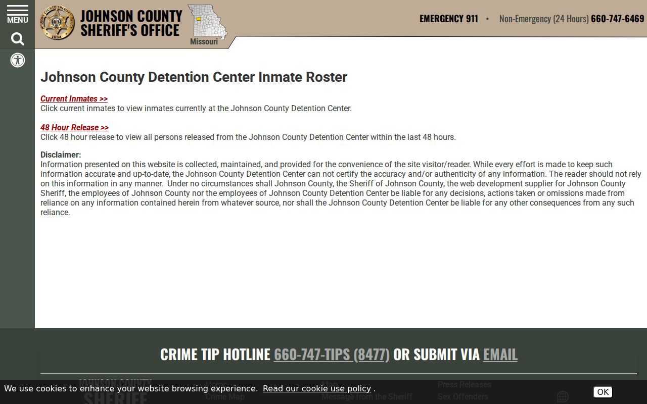 Johnson County criminal booking records and detention roster gateway