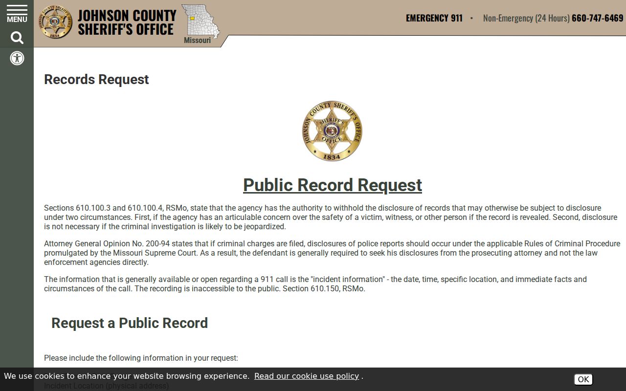 Johnson County criminal record and sheriff report request form