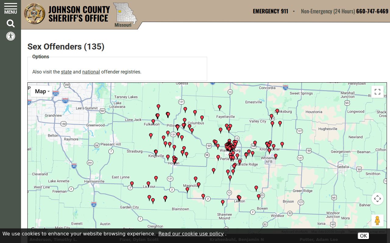 Johnson County sex offender search page from the Sheriff