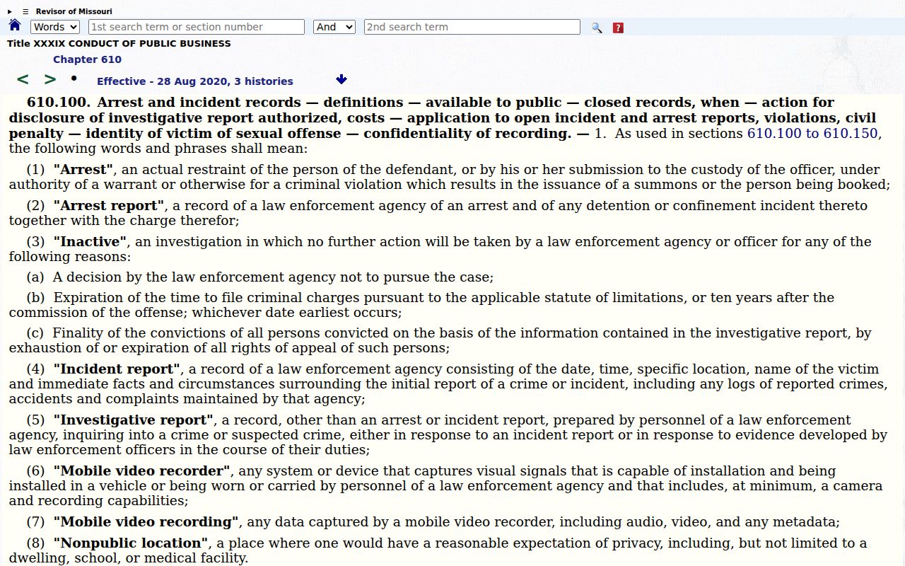 Missouri arrest record access law for Johnson County requests