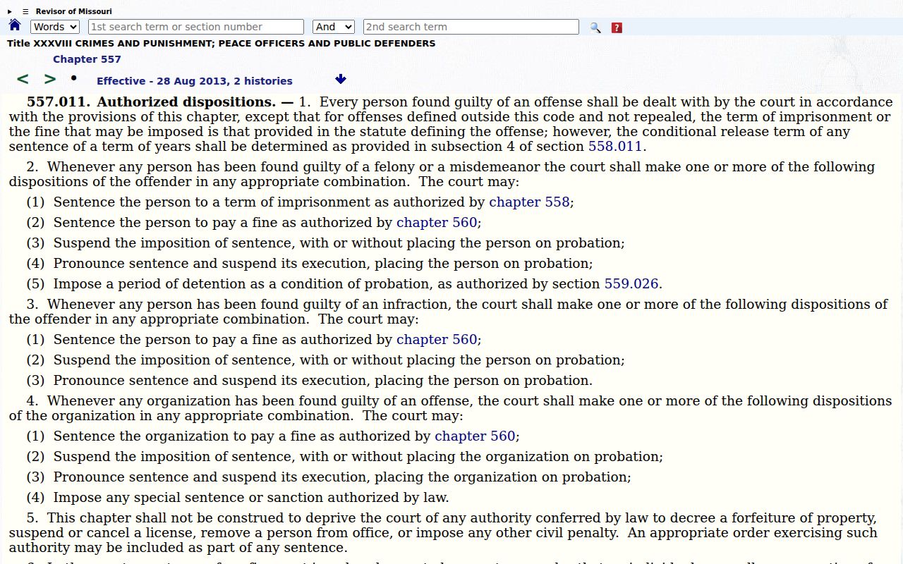 Missouri dispositions law for Johnson County criminal court cases